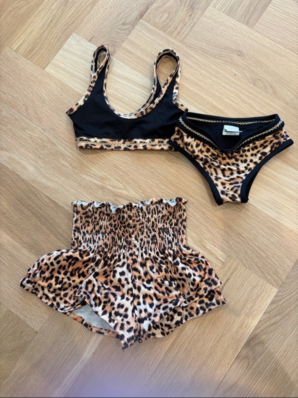 Submarine Leopard Print Bikini Top, Bottom & Smocked Shorts Set - Black & Tan